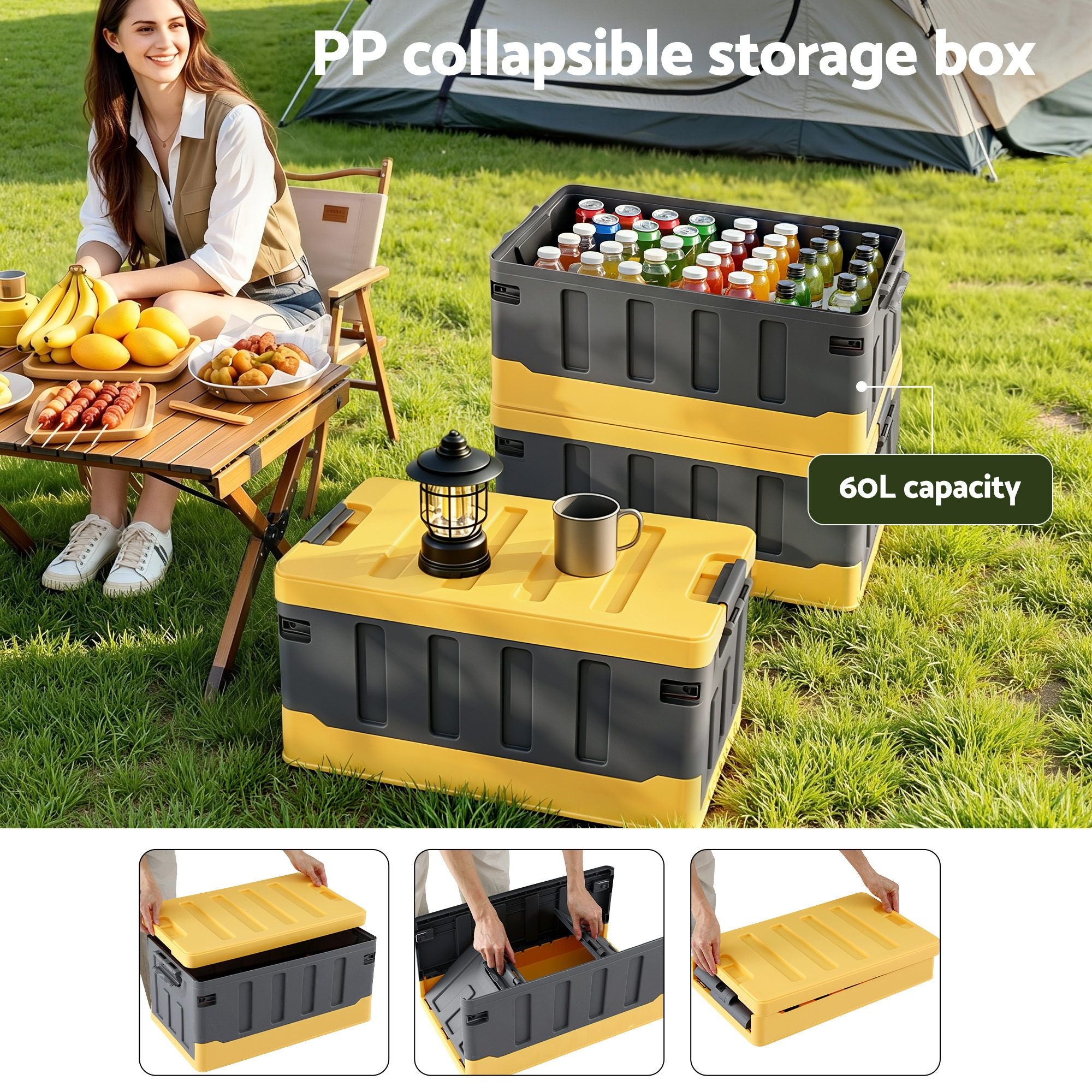 Gardeon Collapsible Outdoor Storage Box 60L Stackable Folding Camping Organizer Yellow