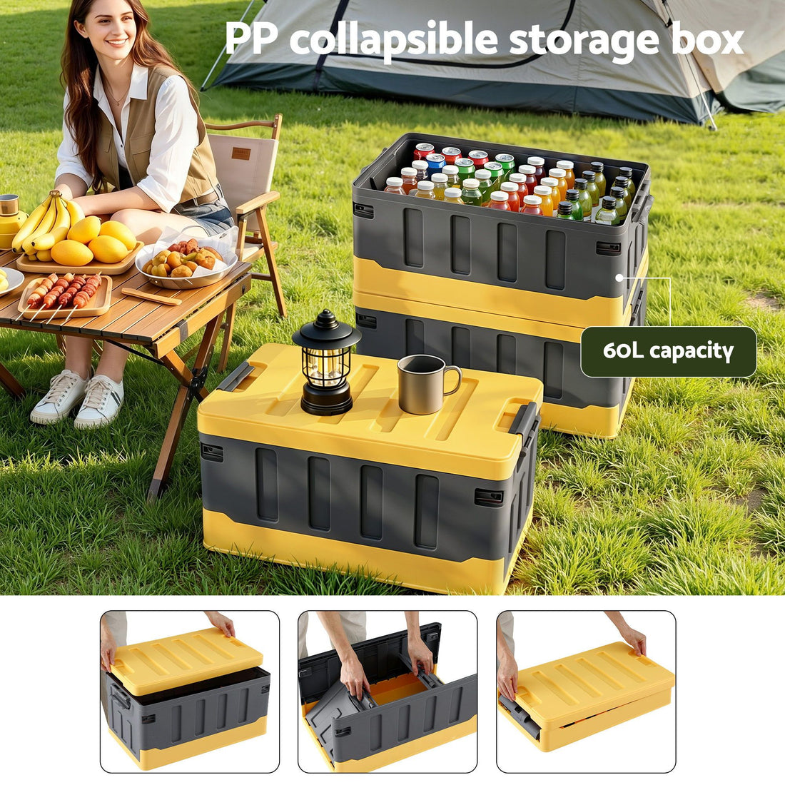 Gardeon Collapsible Outdoor Storage Box 60L Stackable Folding Camping Organizer Yellow