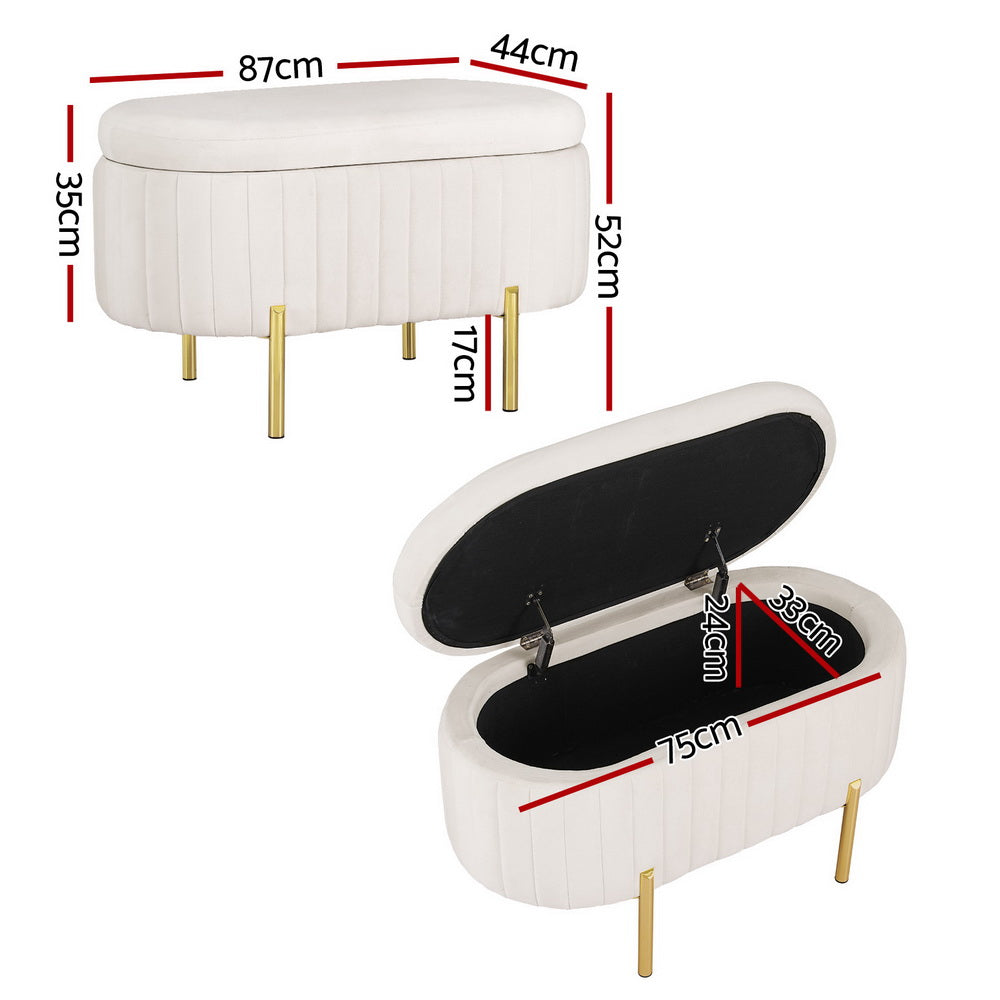 Artiss Storage Ottoman Blanket Box 87cm Velvet Oval White - VogueDecor.au