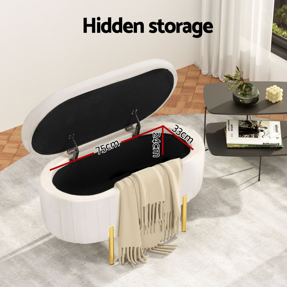 Artiss Storage Ottoman Blanket Box 87cm Velvet Oval White - VogueDecor.au