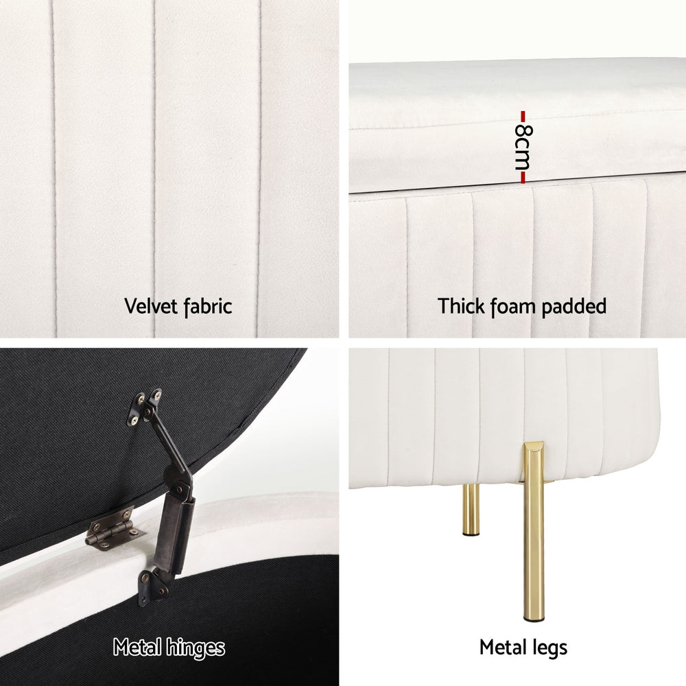 Artiss Storage Ottoman Blanket Box 87cm Velvet Oval White - VogueDecor.au