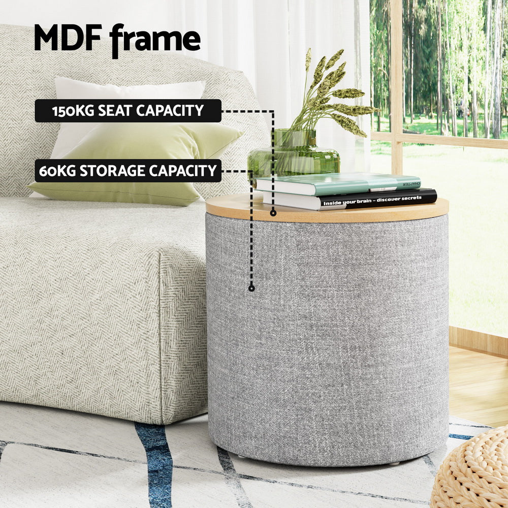 Artiss Storage Ottoman Blanket Box 40cm Linen Round Grey - VogueDecor.au