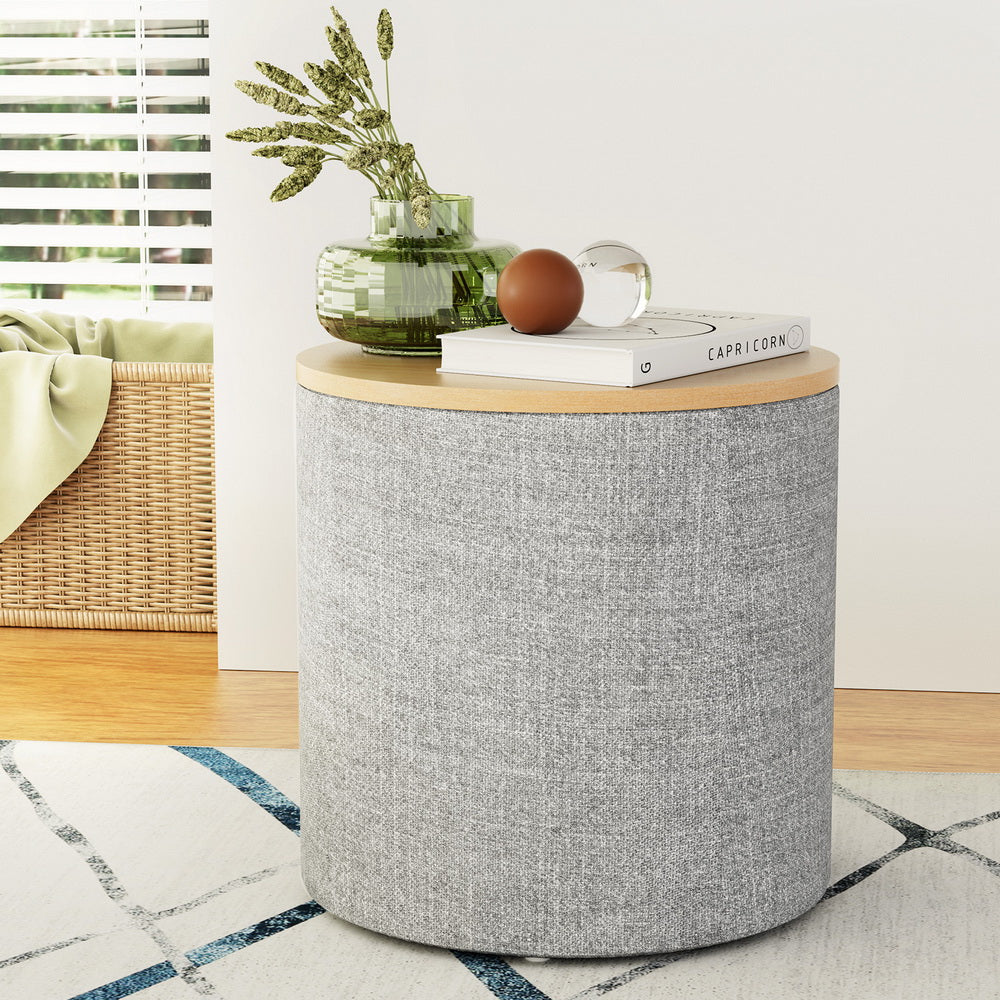 Artiss Storage Ottoman Blanket Box 40cm Linen Round Grey - VogueDecor.au