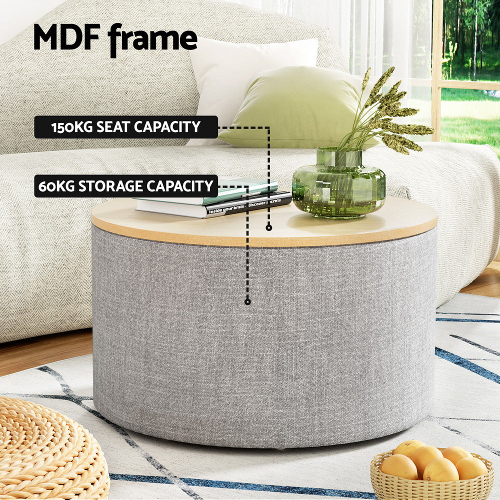 Artiss Storage Ottoman Blanket Box 60cm Linen Round Grey - VogueDecor.au