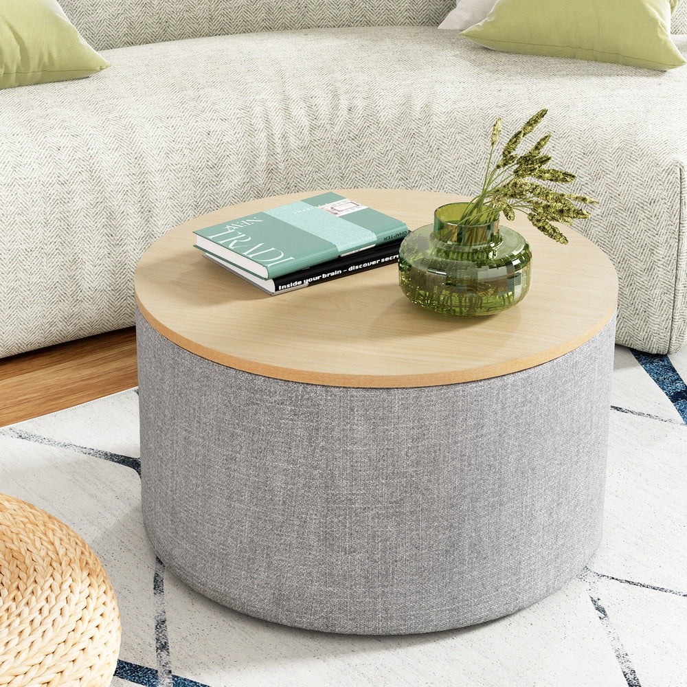 Artiss Storage Ottoman Blanket Box 60cm Linen Round Grey - VogueDecor.au