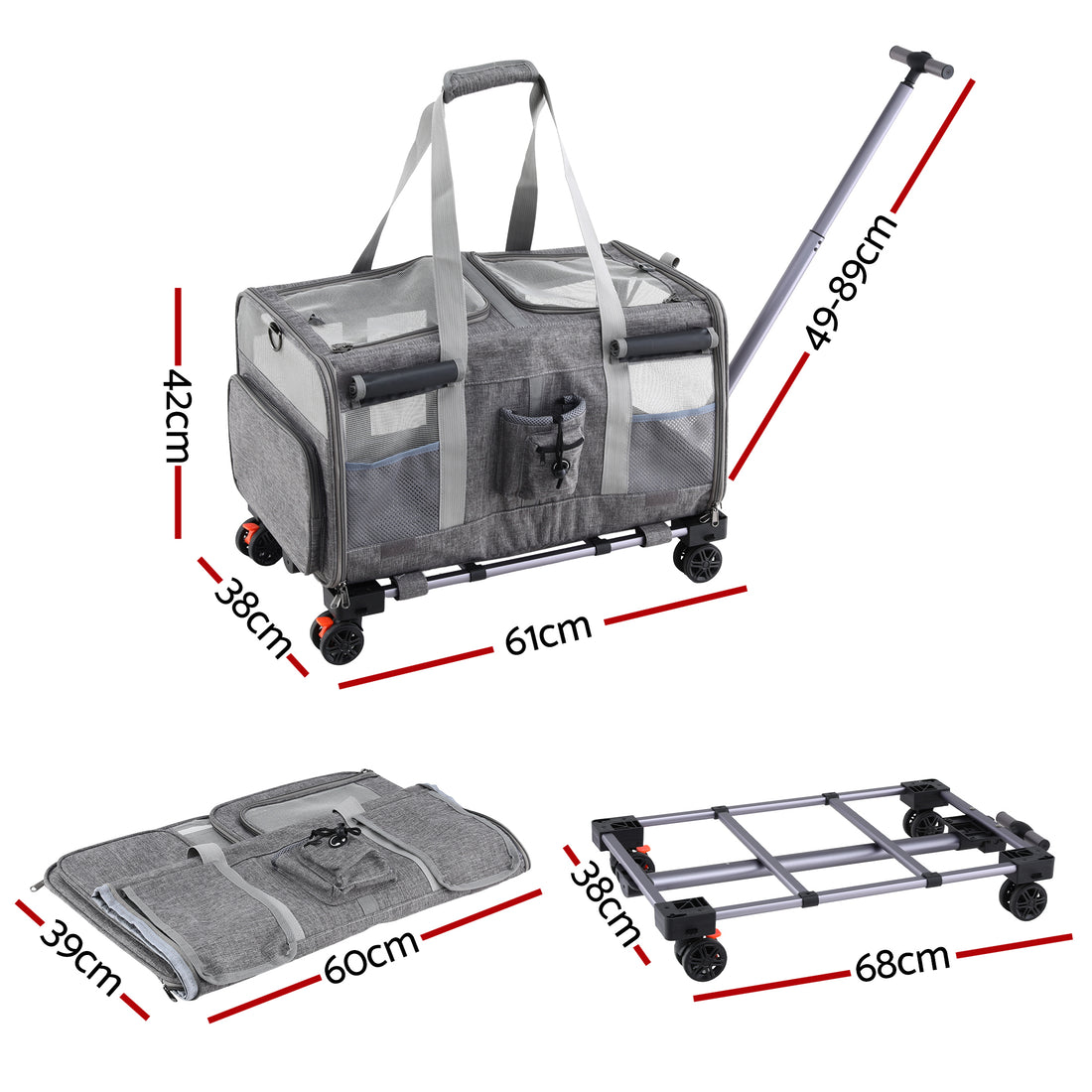 i.Pet Pet Carrier Swivel Wheels Foldable Cat Dog Trolley Stroller Travel Bag Grey