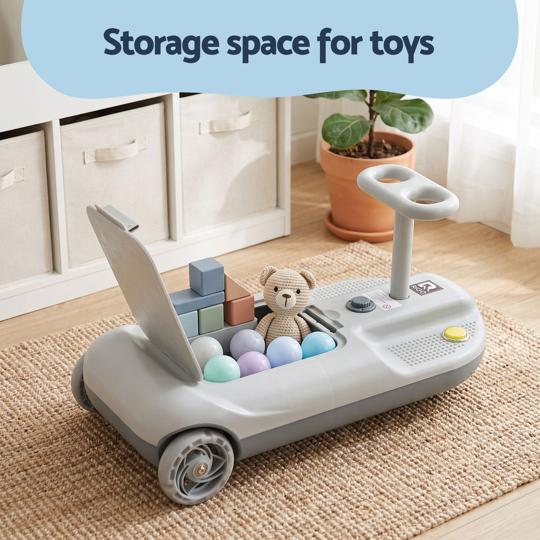 Rigo Ride on Car with Mop Storage Space Kids Clean Car 12V 86cm Grey