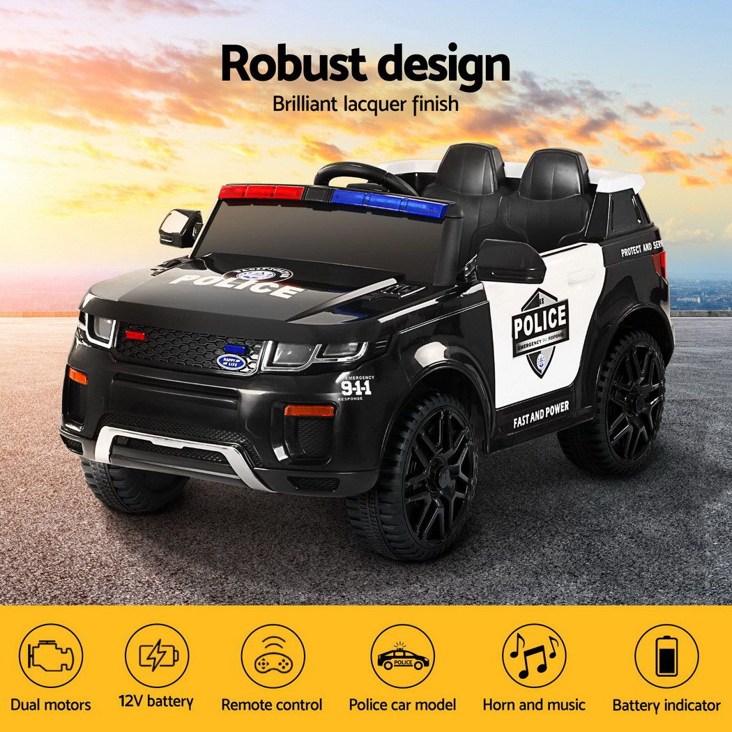 Rigo Kids Electric Ride On Patrol Police Car Horn Music Remote Black