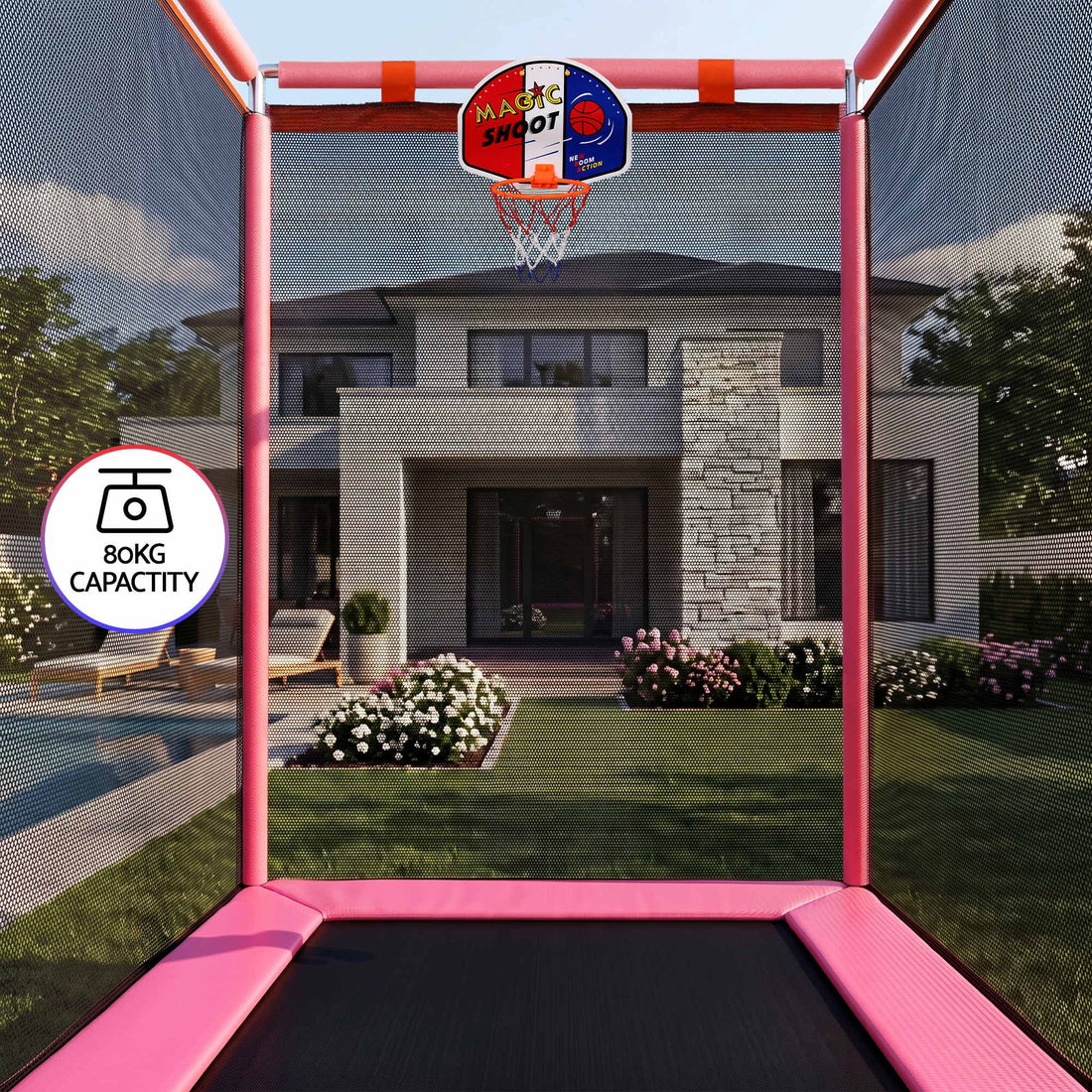 Everfit Kids 4.5FT Trampoline Rectangle Rebounder with Basketball Hoop Pink