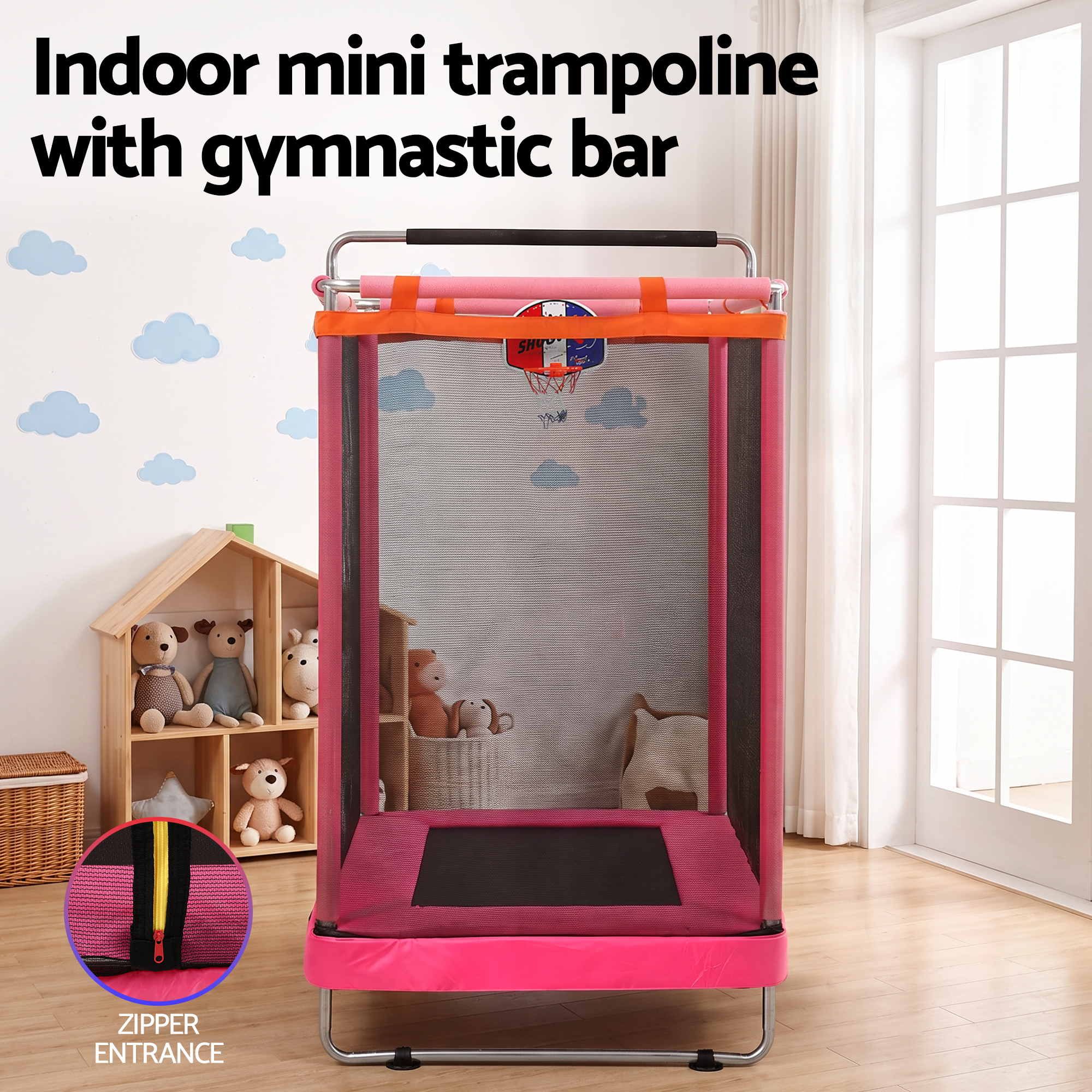 Everfit Kids 4.5FT Trampoline Rectangle Rebounder with Basketball Hoop Pink
