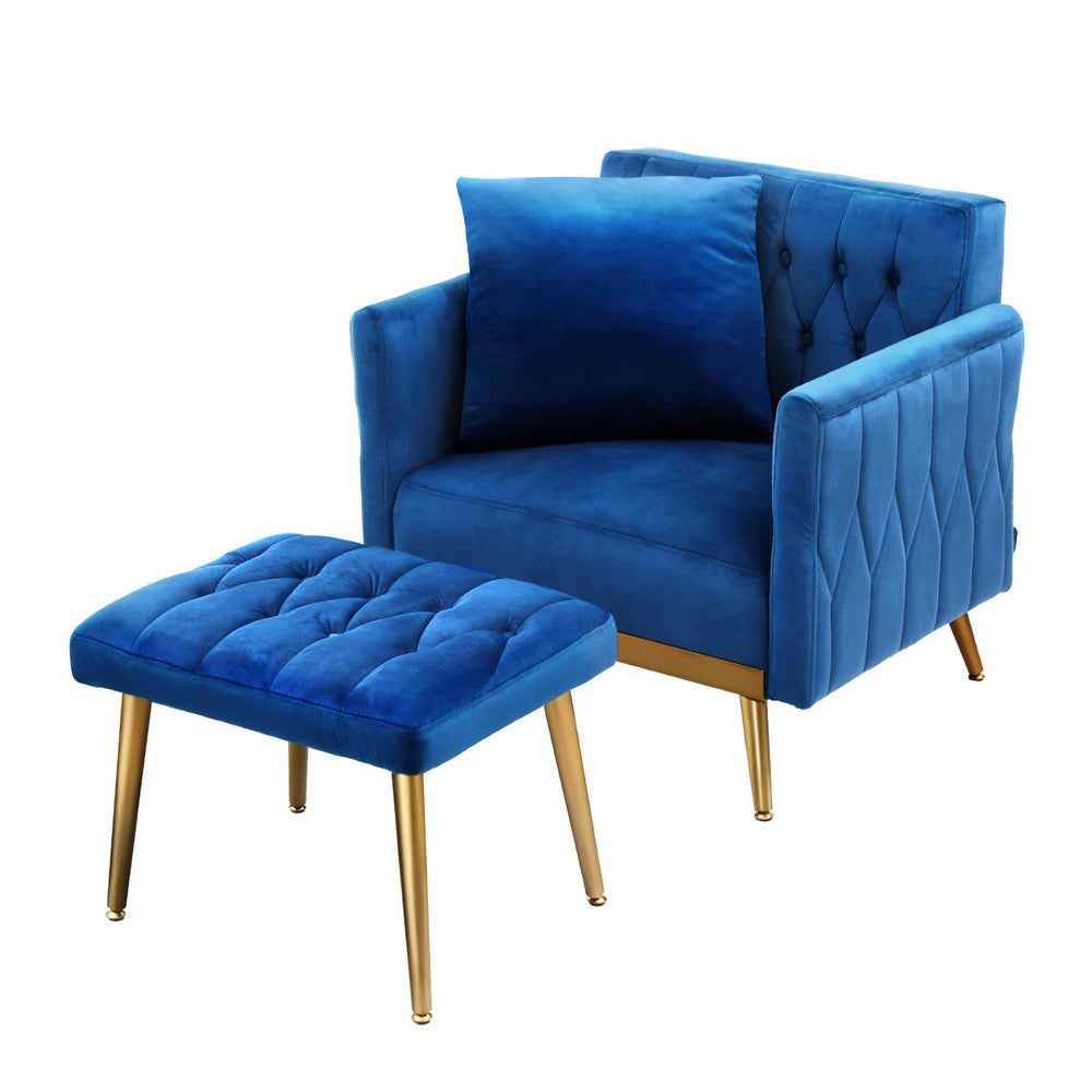 Artiss Armchair Ottoman Accent Chair Pillow Velvet Blue - VogueDecor.au