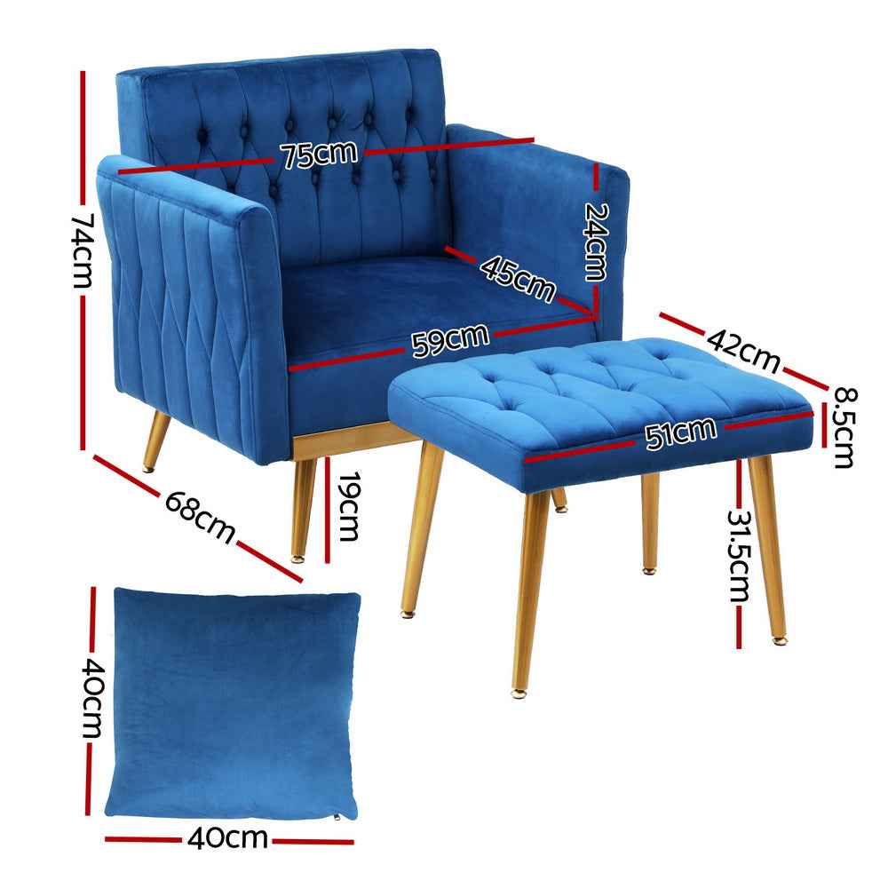 Artiss Armchair Ottoman Accent Chair Pillow Velvet Blue - VogueDecor.au