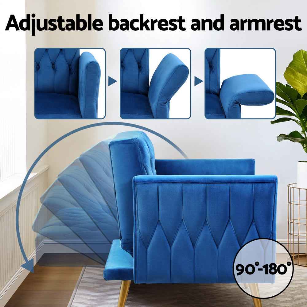 Artiss Armchair Ottoman Accent Chair Pillow Velvet Blue - VogueDecor.au