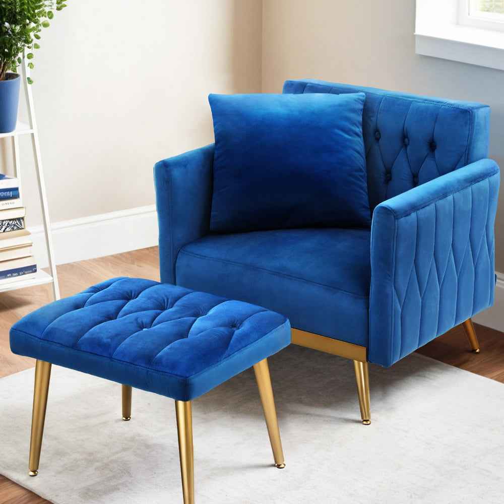Artiss Armchair Ottoman Accent Chair Pillow Velvet Blue - VogueDecor.au