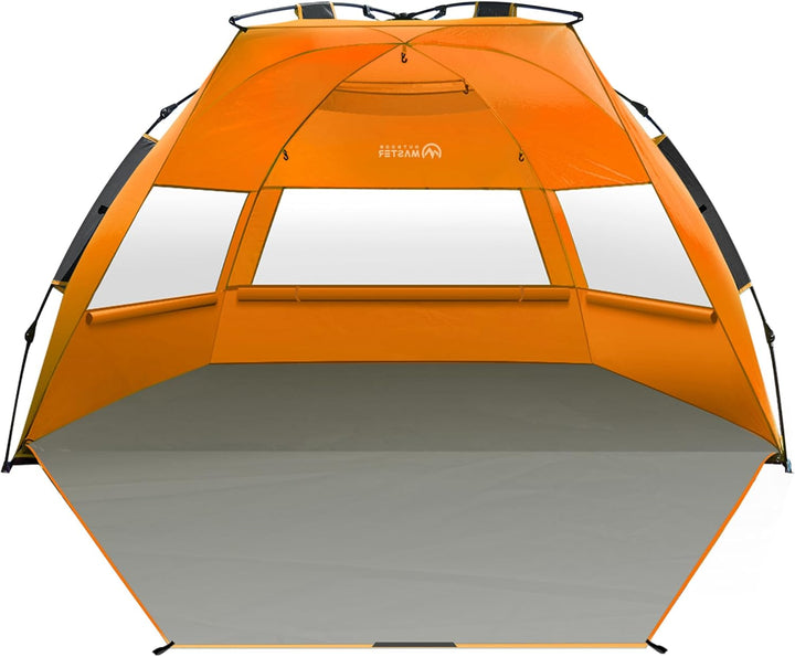 OutdoorMaster Pop Up 3-4 Person Beach Tent X-Large - Easy Setup, Portable Beach Shade Canopy Folding Sun Shelter with UPF 50+ UV Protection Removable Skylight Family Size (Orange)