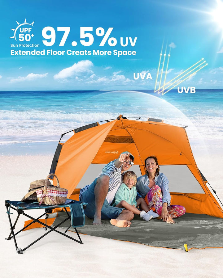 OutdoorMaster Pop Up 3-4 Person Beach Tent X-Large - Easy Setup, Portable Beach Shade Canopy Folding Sun Shelter with UPF 50+ UV Protection Removable Skylight Family Size (Orange)