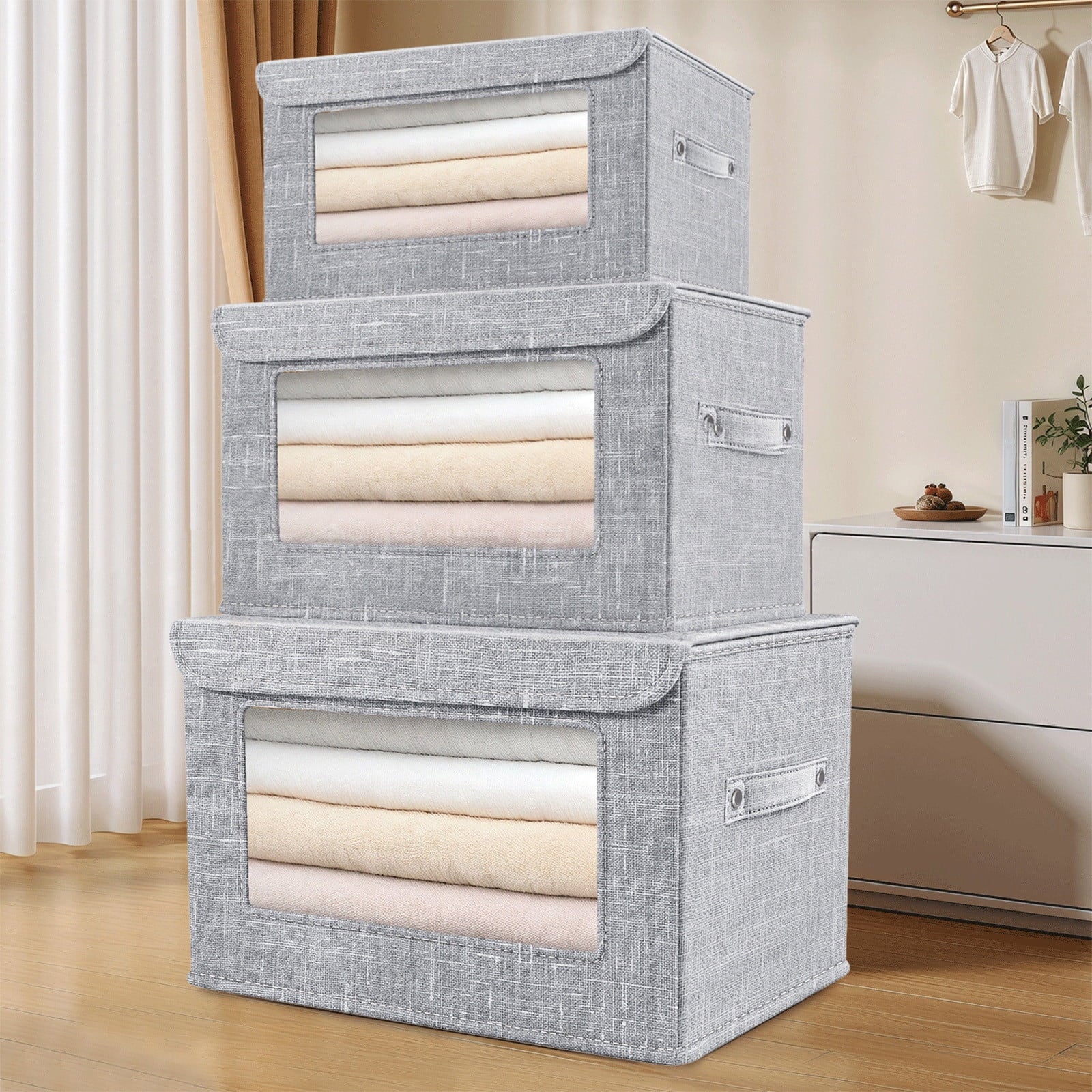 Wzzjkit Clothes Storage Bins, Foldable Storage Bin for Clothes, Clothing Storage Bins with Lid, Linen Storage Box with Clear Window＆ Zippers＆ Sturdy Handles M