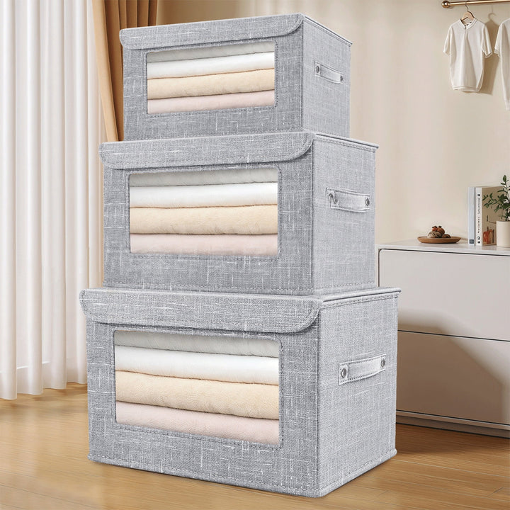 Wzzjkit Clothes Storage Bins, Foldable Storage Bin for Clothes, Clothing Storage Bins with Lid, Linen Storage Box with Clear Window＆ Zippers＆ Sturdy Handles M
