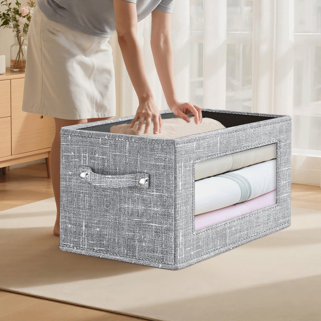 Wzzjkit Clothes Storage Bins, Foldable Storage Bin for Clothes, Clothing Storage Bins with Lid, Linen Storage Box with Clear Window＆ Zippers＆ Sturdy Handles M