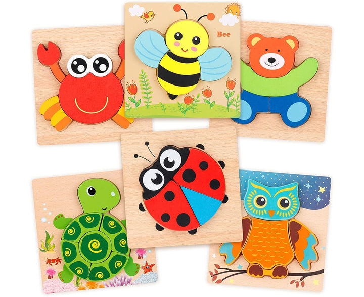 Wooden Jigsaw Puzzle Set, 6 Pack Animal Shape Color Montessori Toy, Fine Motor Skill Early Learning Gift