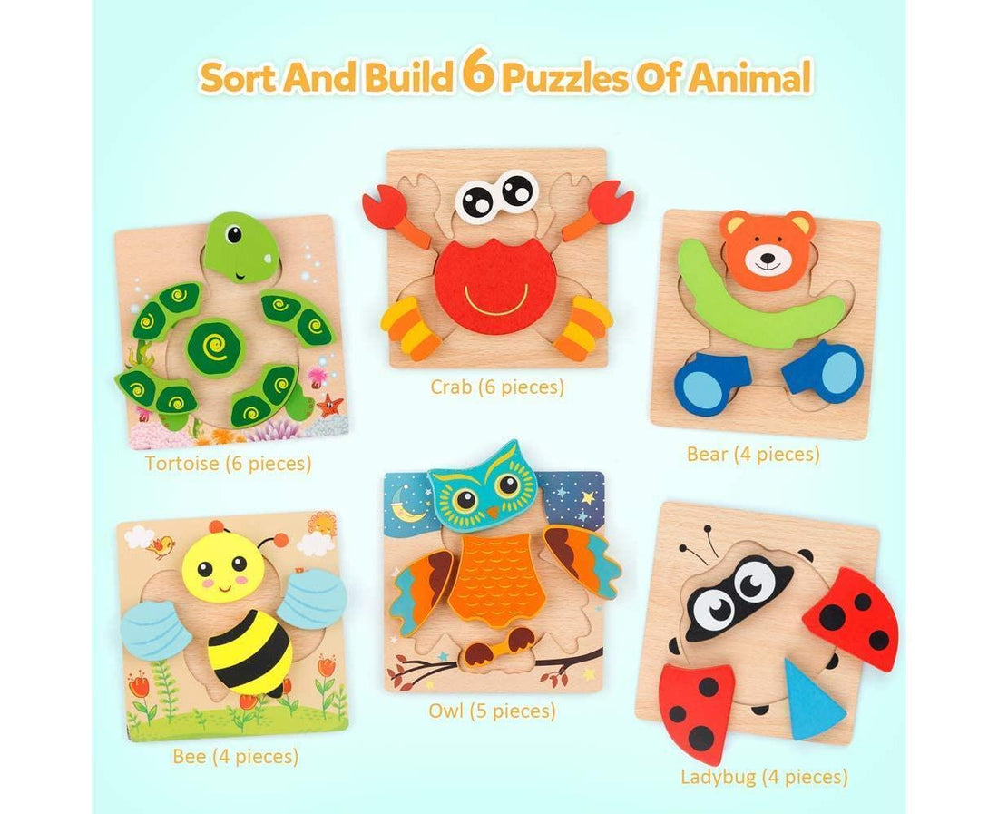 Wooden Jigsaw Puzzle Set, 6 Pack Animal Shape Color Montessori Toy, Fine Motor Skill Early Learning Gift