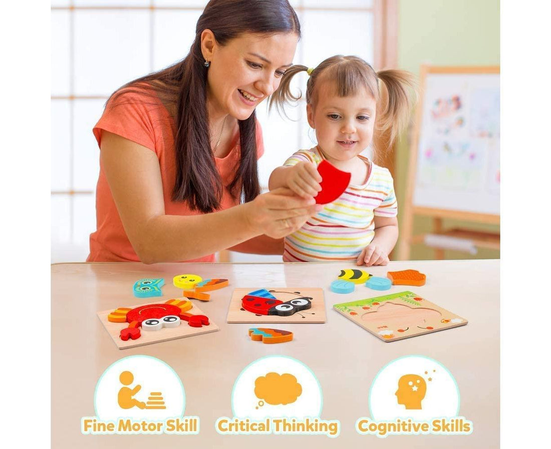 Wooden Jigsaw Puzzle Set, 6 Pack Animal Shape Color Montessori Toy, Fine Motor Skill Early Learning Gift