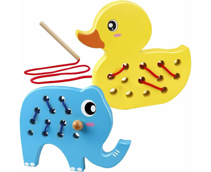Wooden Lacing Duck And Elephant, 2Pcs Animals Fine Motor Skills Threading Toys, Airplane Car Travel Game Montessori Cognition Preschool Puzzle Gift For Yea