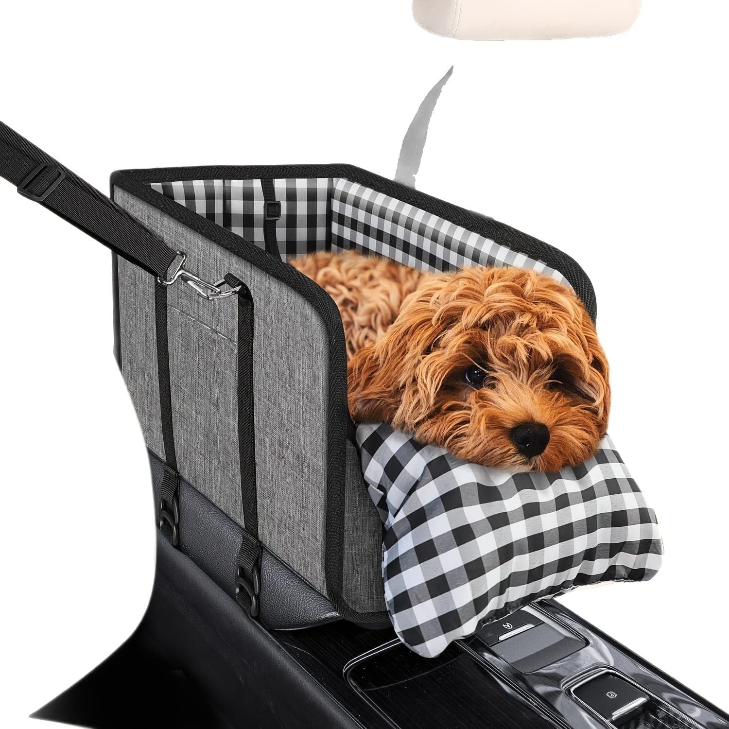 Portable Pet Car Seat for Small Dogs & Cats, Foldable Center Console Pet Bed with Safety Tether, Anti-Slip Bottom, and Removable Cushion for Safe and Comfortable Travel in SUVs, Sedans, and Vans (Black)