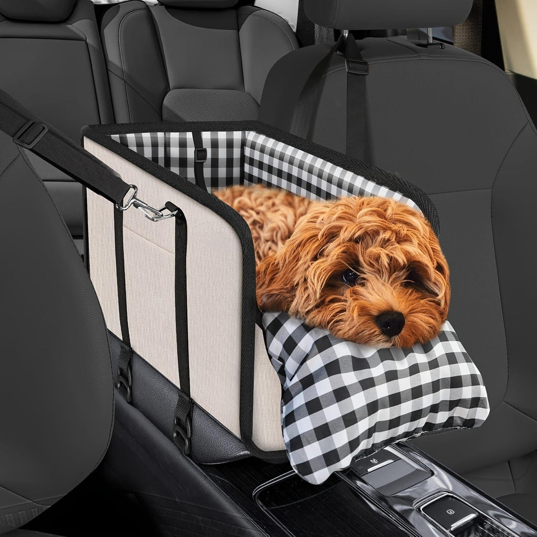 Portable Pet Car Seat for Small Dogs & Cats, Foldable Center Console Pet Bed with Safety Tether, Anti-Slip Bottom, and Removable Cushion for Safe and Comfortable Travel in SUVs, Sedans, and Vans (Black)