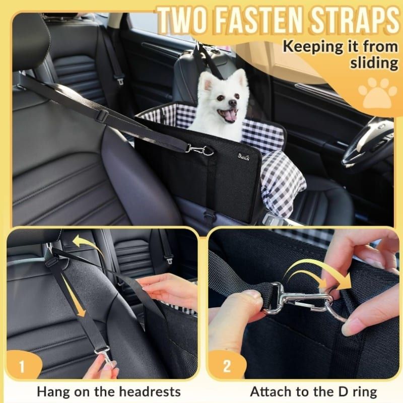 Portable Pet Car Seat for Small Dogs & Cats, Foldable Center Console Pet Bed with Safety Tether, Anti-Slip Bottom, and Removable Cushion for Safe and Comfortable Travel in SUVs, Sedans, and Vans (Black)
