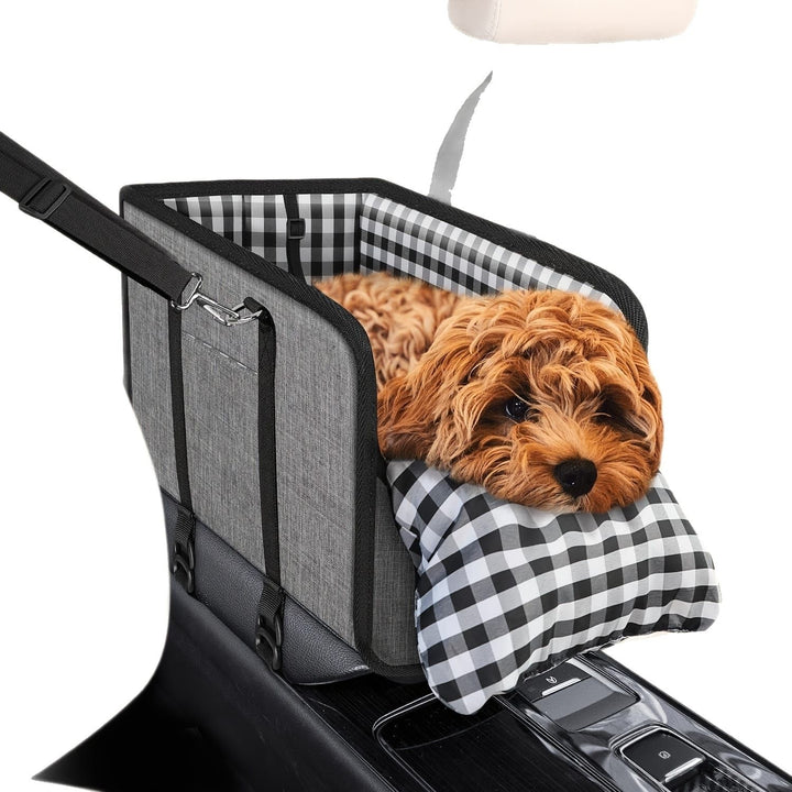 Portable Pet Car Seat for Small Dogs & Cats, Foldable Center Console Pet Bed with Safety Tether, Anti-Slip Bottom, and Removable Cushion for Safe and Comfortable Travel in SUVs, Sedans, and Vans (Grey)
