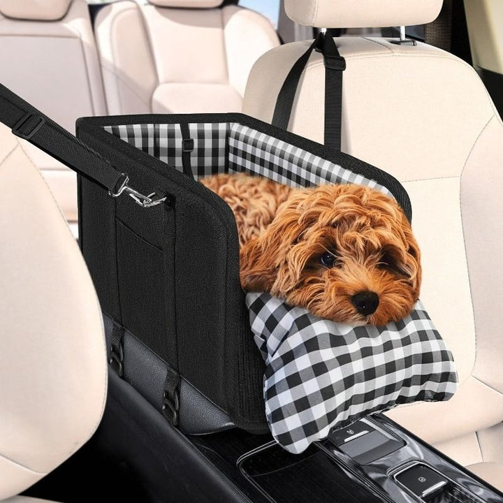 Portable Pet Car Seat for Small Dogs & Cats, Foldable Center Console Pet Bed with Safety Tether, Anti-Slip Bottom, and Removable Cushion for Safe and Comfortable Travel in SUVs, Sedans, and Vans (Grey)
