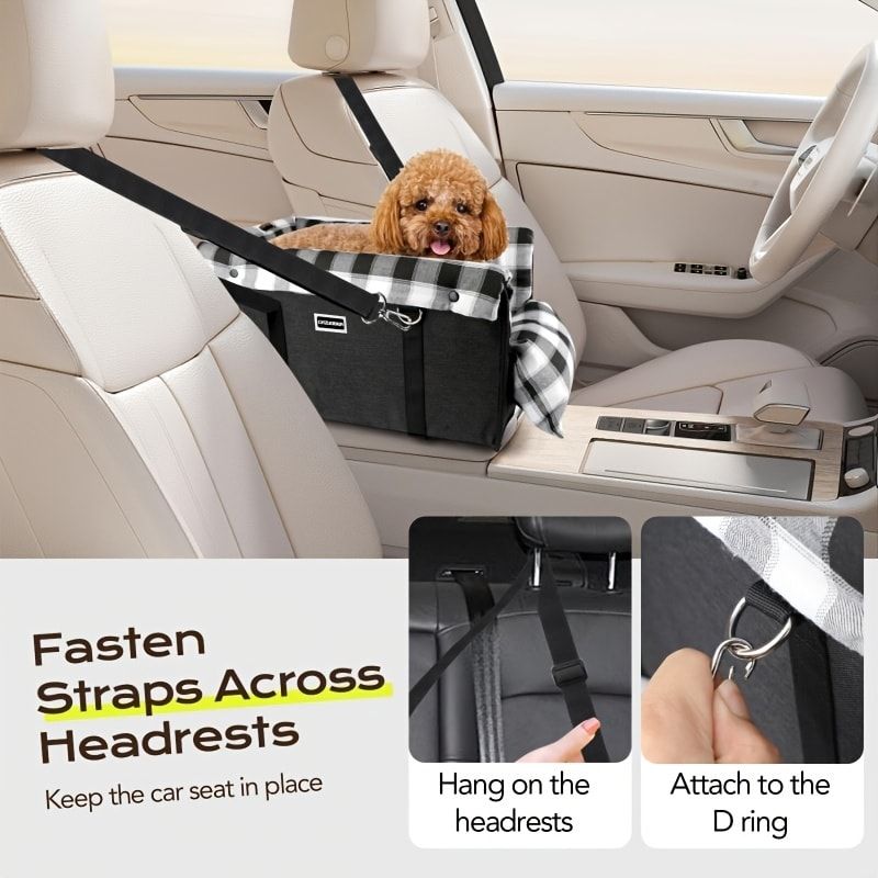 Portable Pet Car Seat for Small Dogs & Cats, Foldable Center Console Pet Bed with Safety Tether, Anti-Slip Bottom, and Removable Cushion for Safe and Comfortable Travel in SUVs, Sedans, and Vans (Grey)