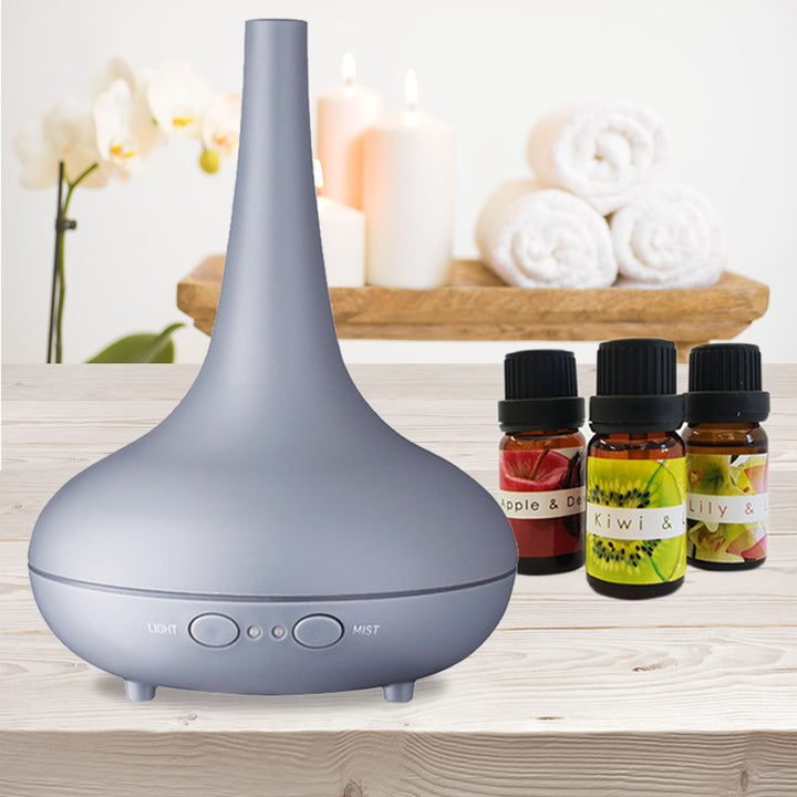 Essential Oil Diffuser Ultrasonic Humidifier Aromatherapy LED Light 200ML 3 Oils - Matte Grey - VogueDecor.au