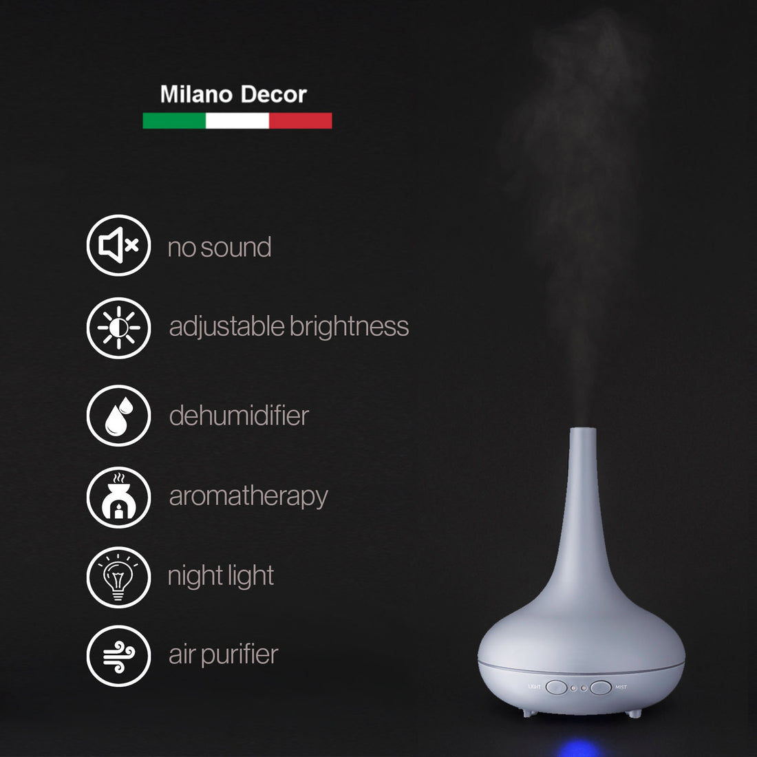 Essential Oil Diffuser Ultrasonic Humidifier Aromatherapy LED Light 200ML 3 Oils - Matte Grey - VogueDecor.au