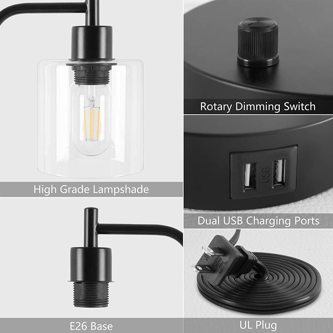 2x Pack Industrial Table Lamp with 2 USB Port for Bedside Nightstand Desk and Living Room Office (Bulb not Included) - VogueDecor.au