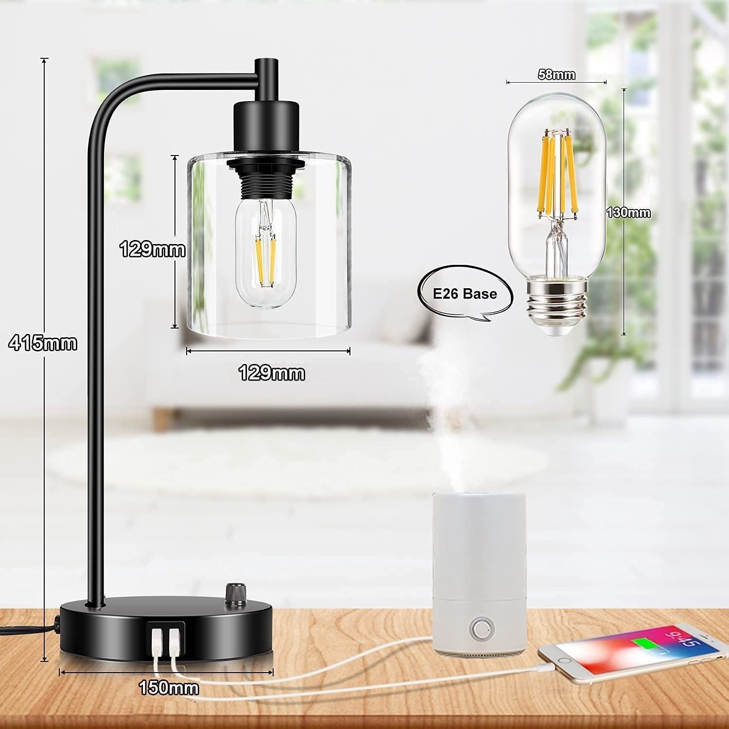 2x Pack Industrial Table Lamp with 2 USB Port for Bedside Nightstand Desk and Living Room Office (Bulb not Included) - VogueDecor.au