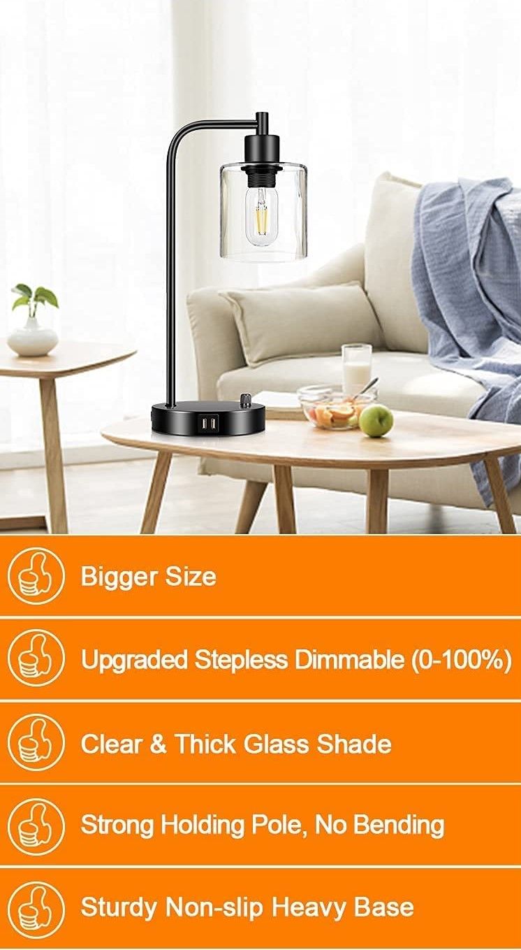 2x Pack Industrial Table Lamp with 2 USB Port for Bedside Nightstand Desk and Living Room Office (Bulb not Included) - VogueDecor.au