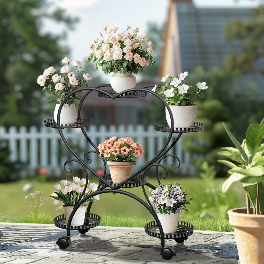 Rolling Metal Plant Stand Indoor Outdoor Garden Display Shelf
