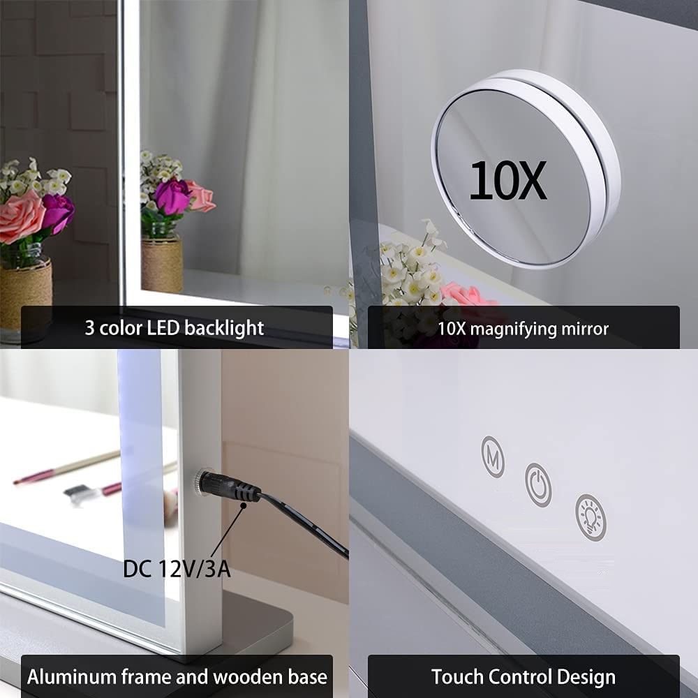 Hollywood LED Makeup Mirror with Smart Touch Control and 3 Colors Dimmable Light (72 x 56 cm) - VogueDecor.au