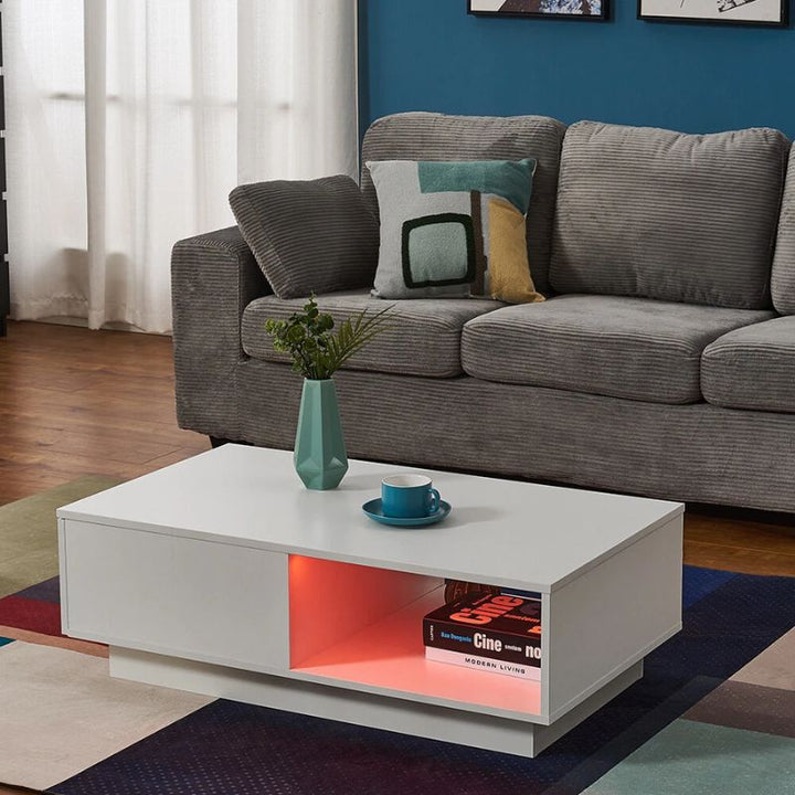 LED High Gloss Top White Coffee Table With Single Drawer - VogueDecor.au