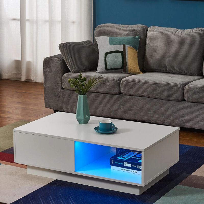 LED High Gloss Top White Coffee Table With Single Drawer - VogueDecor.au