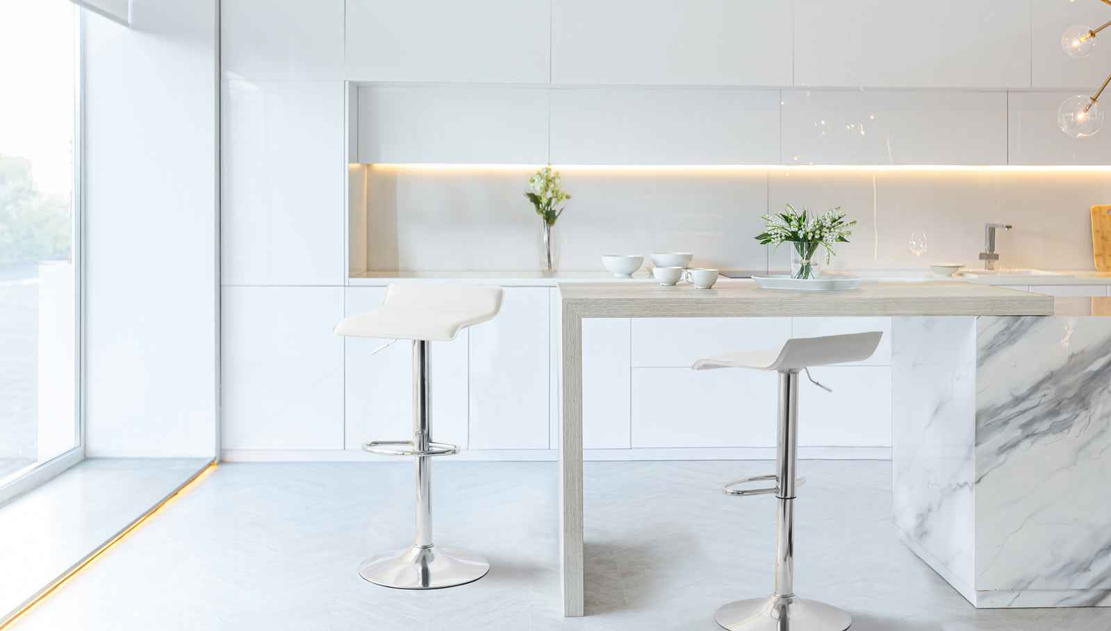 2 Leather Barstools (White) w/ Adjustable Height, 63-85cm - VogueDecor.au