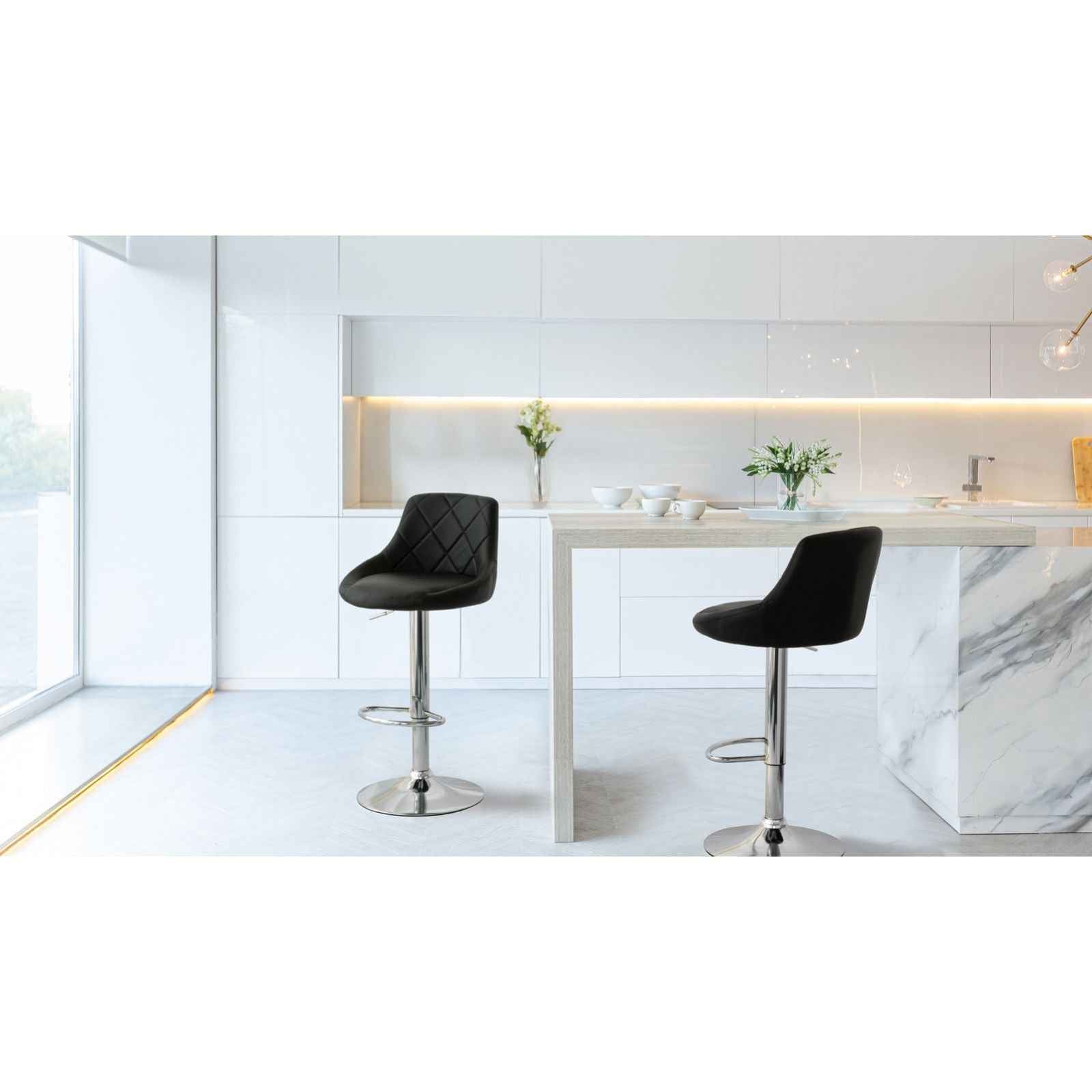 2 Diamond Style Padded Leather Barstools (Black) w/ Adjustable Height - VogueDecor.au