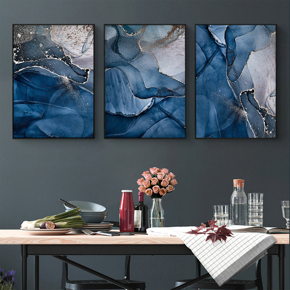 Wall Art 50cmx70cm Blue Gold Marble 3 Sets Black Frame Canvas - VogueDecor.au