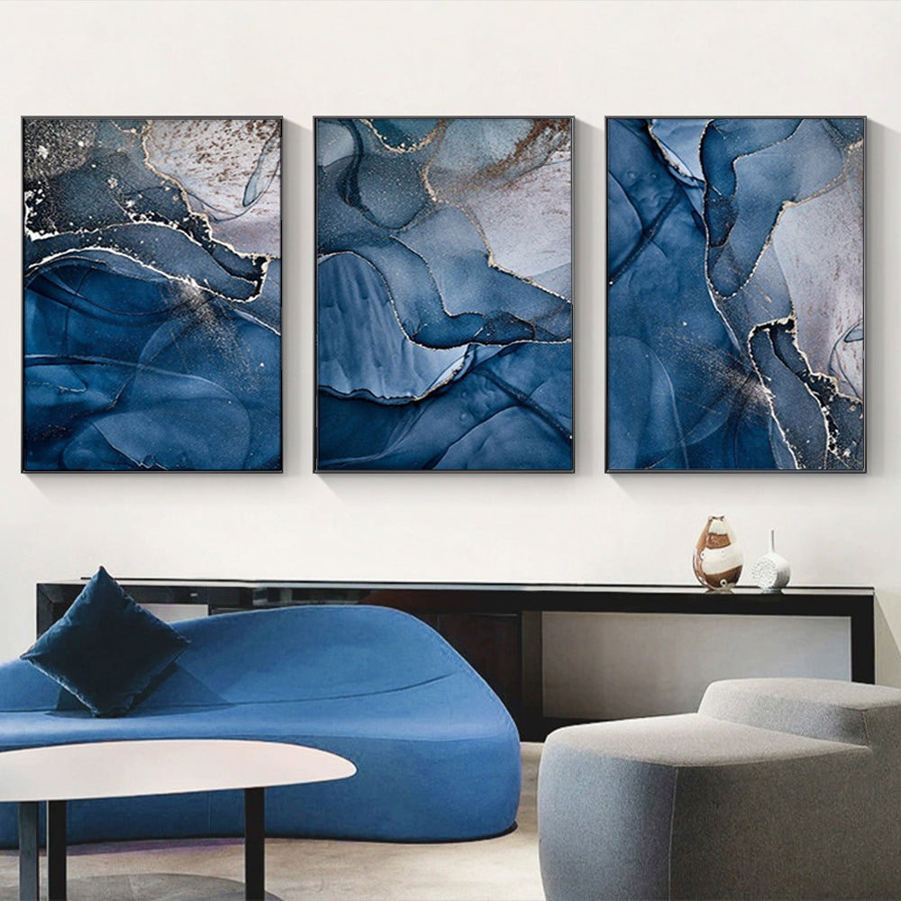 Wall Art 50cmx70cm Blue Gold Marble 3 Sets Black Frame Canvas - VogueDecor.au