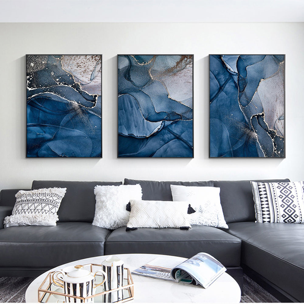 Wall Art 60cmx90cm Blue Gold Marble 3 Sets Black Frame Canvas - VogueDecor.au