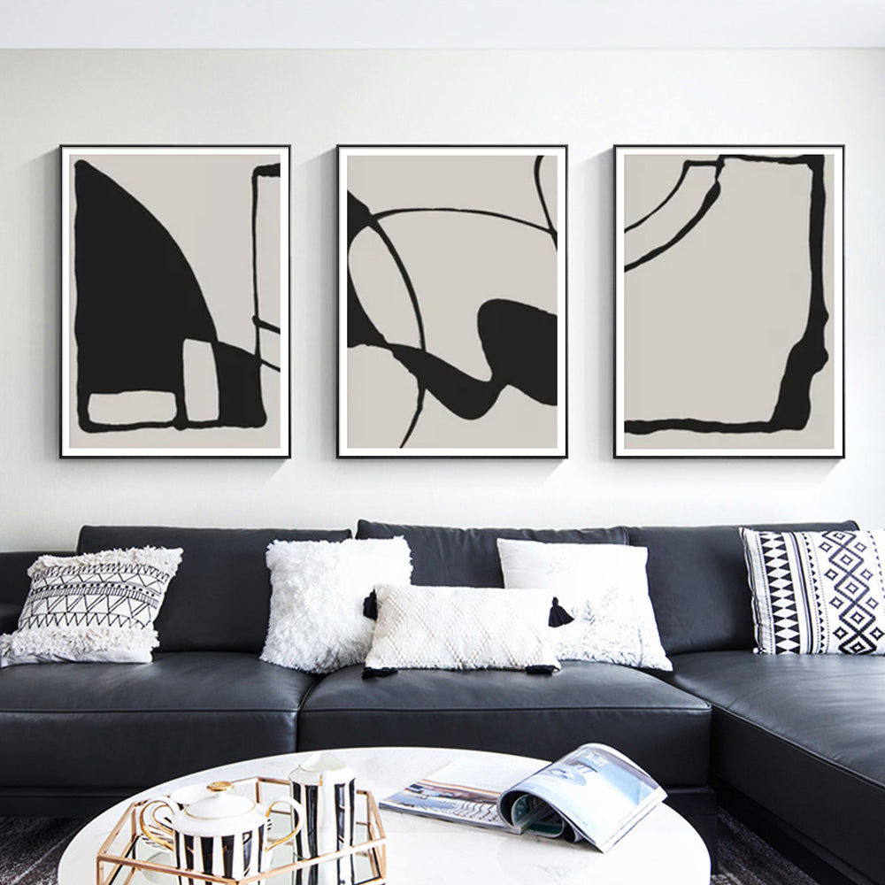 Wall Art 50cmx70cm Black Beige 3 Sets Black Frame Canvas - VogueDecor.au