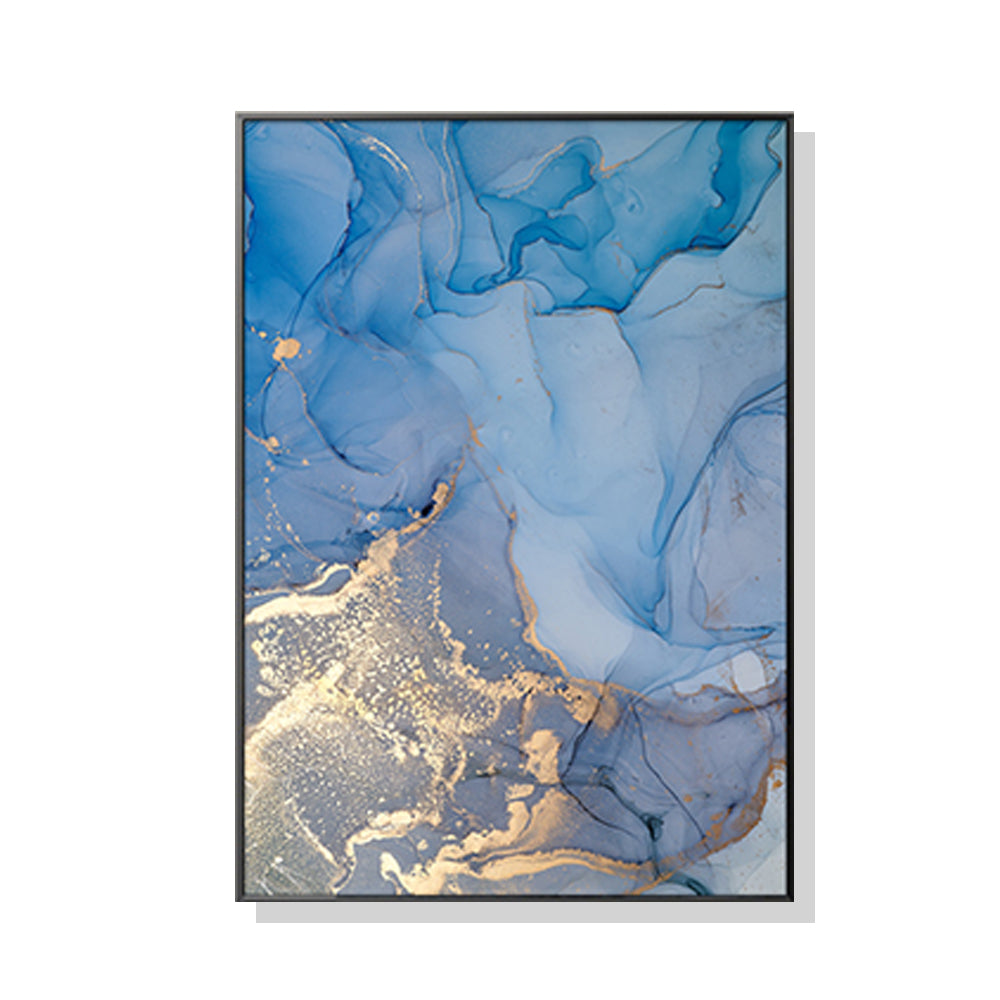 Wall Art 60cmx90cm Light Blue Marble With Gold Splash Black Frame Canvas - VogueDecor.au