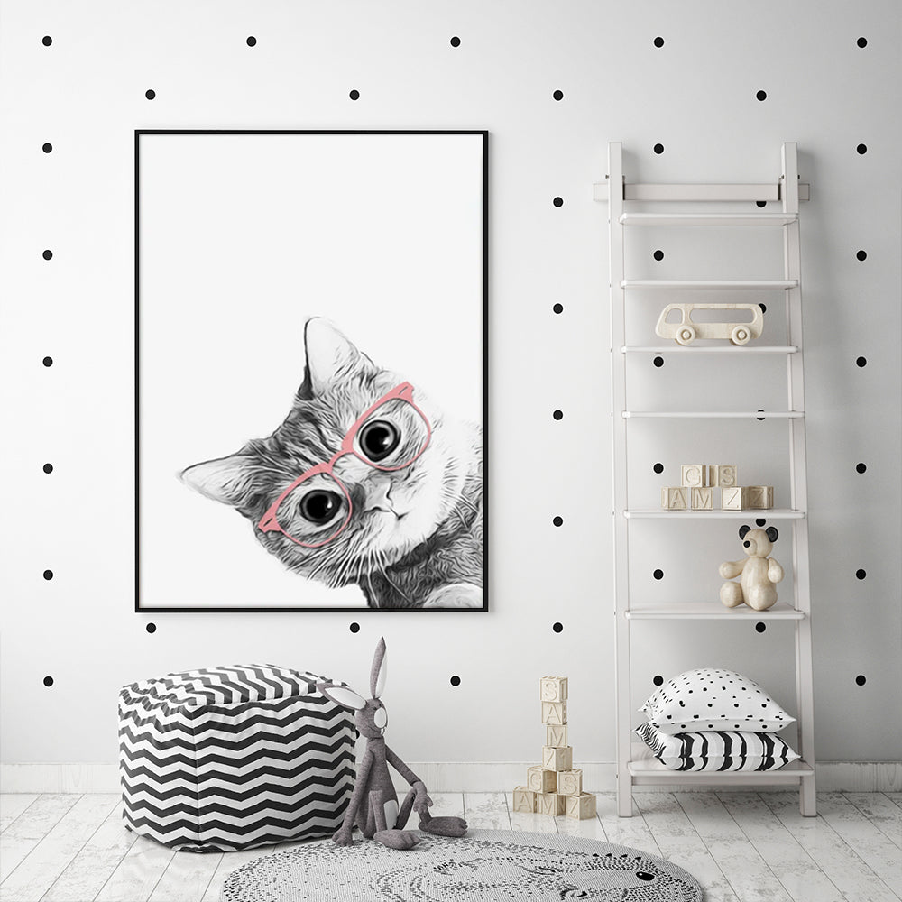 Wall Art 40cmx60cm Cat With Glasses Black Frame Canvas - VogueDecor.au